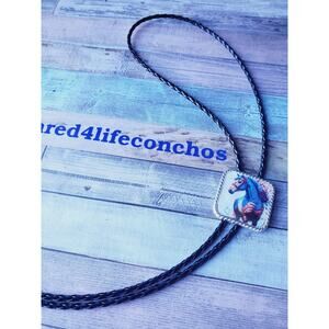Unique Custom Cowhide American Flag Horse Bolo Tie Necklace Western Necklace